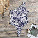 White Blue Skull Floral Pattern Print One Shoulder Bodysuit