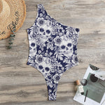 White Blue Skull Floral Pattern Print One Shoulder Bodysuit