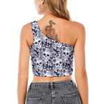 White Blue Skull Floral Pattern Print One Shoulder Crop Top