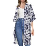 White Blue Skull Floral Pattern Print Open Front Beach Cover Up