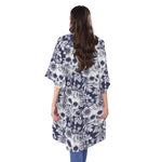 White Blue Skull Floral Pattern Print Open Front Beach Cover Up
