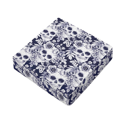 White Blue Skull Floral Pattern Print Outdoor Seat Cushion Cover