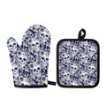 White Blue Skull Floral Pattern Print Oven Mitt And Pot Holder Set