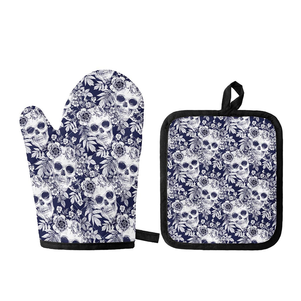 White Blue Skull Floral Pattern Print Oven Mitt And Pot Holder Set