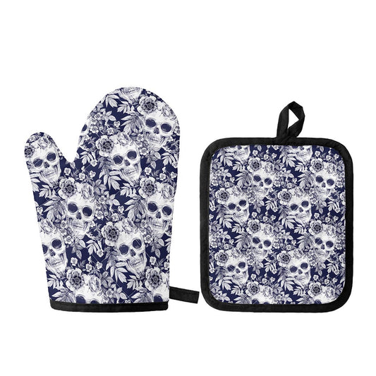 White Blue Skull Floral Pattern Print Oven Mitt And Pot Holder Set