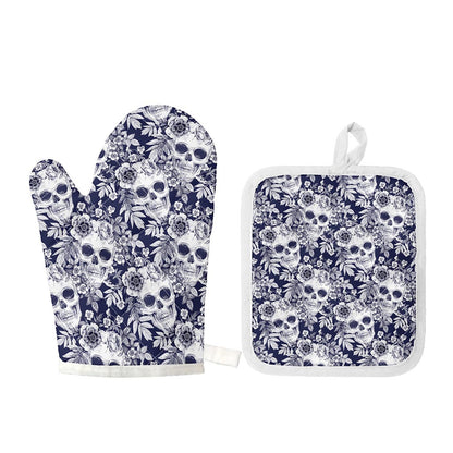 White Blue Skull Floral Pattern Print Oven Mitt And Pot Holder Set
