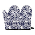 White Blue Skull Floral Pattern Print Oven Mitts