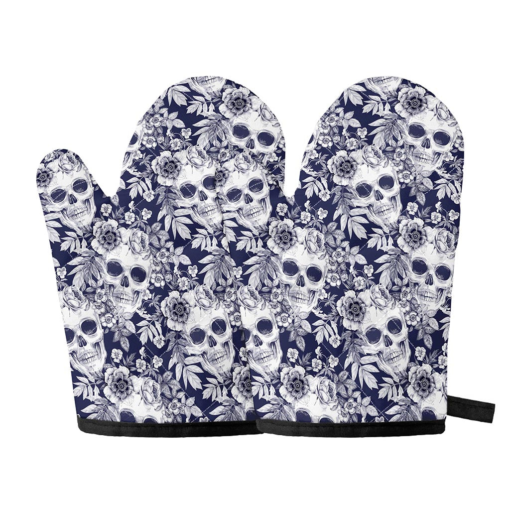 White Blue Skull Floral Pattern Print Oven Mitts