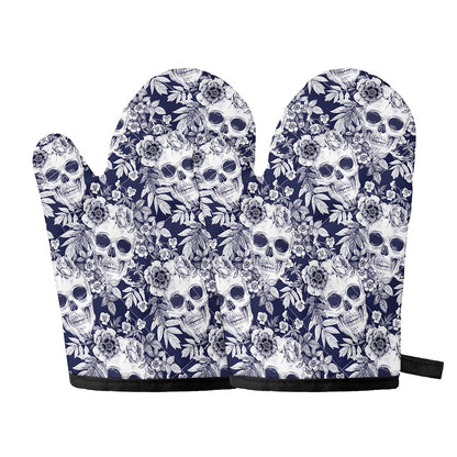 White Blue Skull Floral Pattern Print Oven Mitts