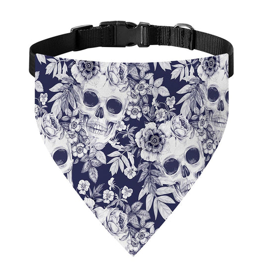 White Blue Skull Floral Pattern Print Over The Collar Dog Bandana