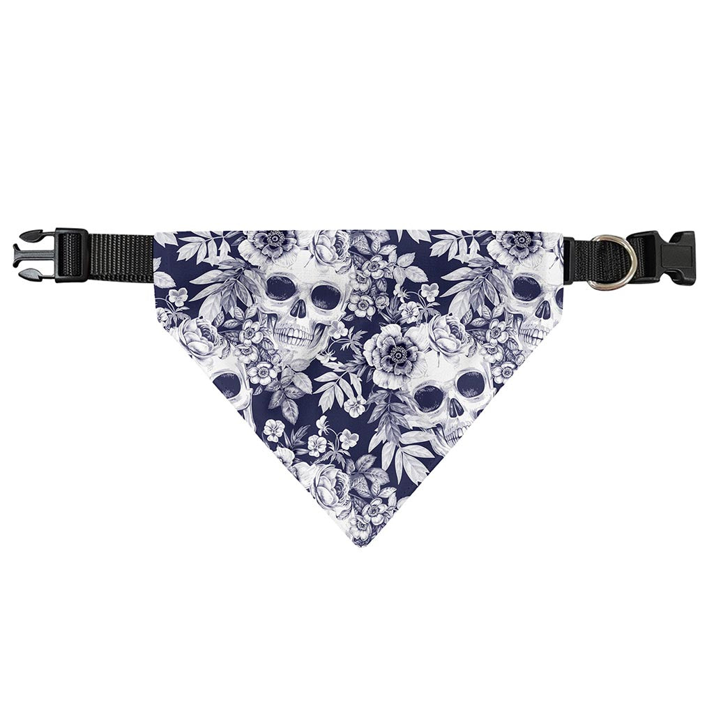 White Blue Skull Floral Pattern Print Over The Collar Dog Bandana