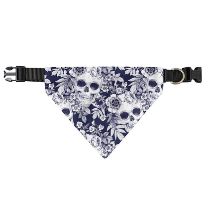 White Blue Skull Floral Pattern Print Over The Collar Dog Bandana