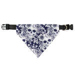 White Blue Skull Floral Pattern Print Over The Collar Dog Bandana