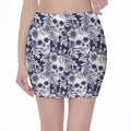 White Blue Skull Floral Pattern Print Pencil Mini Skirt