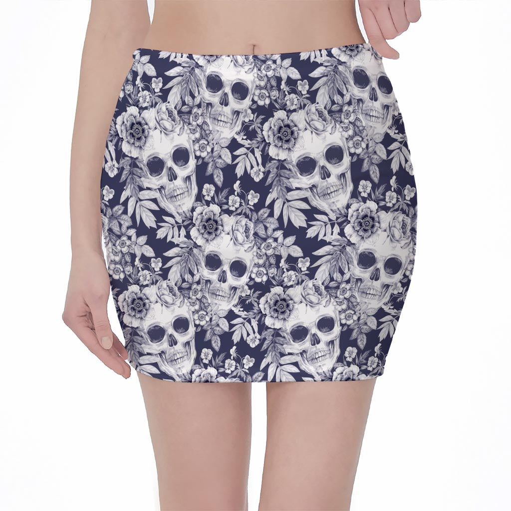 White Blue Skull Floral Pattern Print Pencil Mini Skirt
