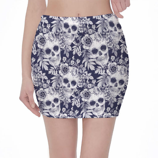 White Blue Skull Floral Pattern Print Pencil Mini Skirt