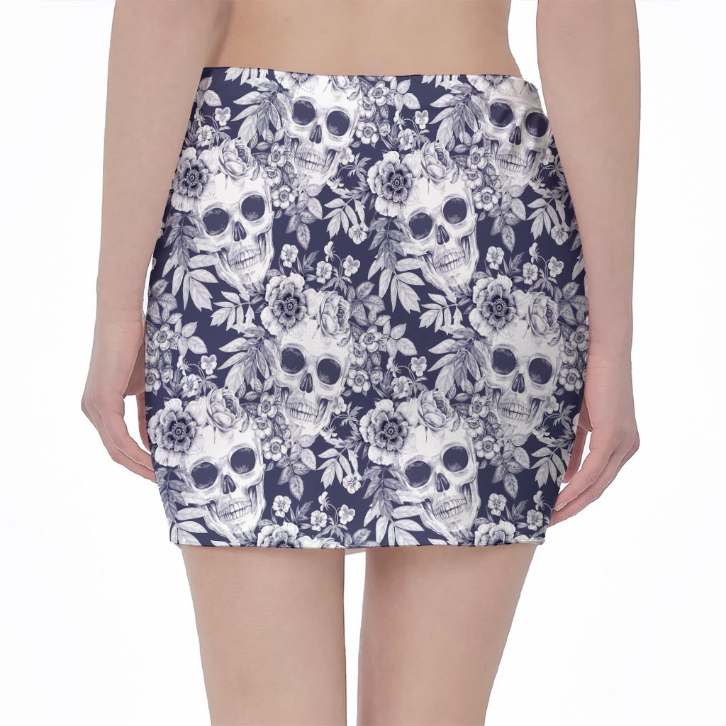 White Blue Skull Floral Pattern Print Pencil Mini Skirt