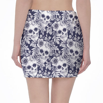 White Blue Skull Floral Pattern Print Pencil Mini Skirt