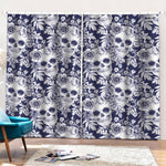White Blue Skull Floral Pattern Print Pencil Pleat Curtains