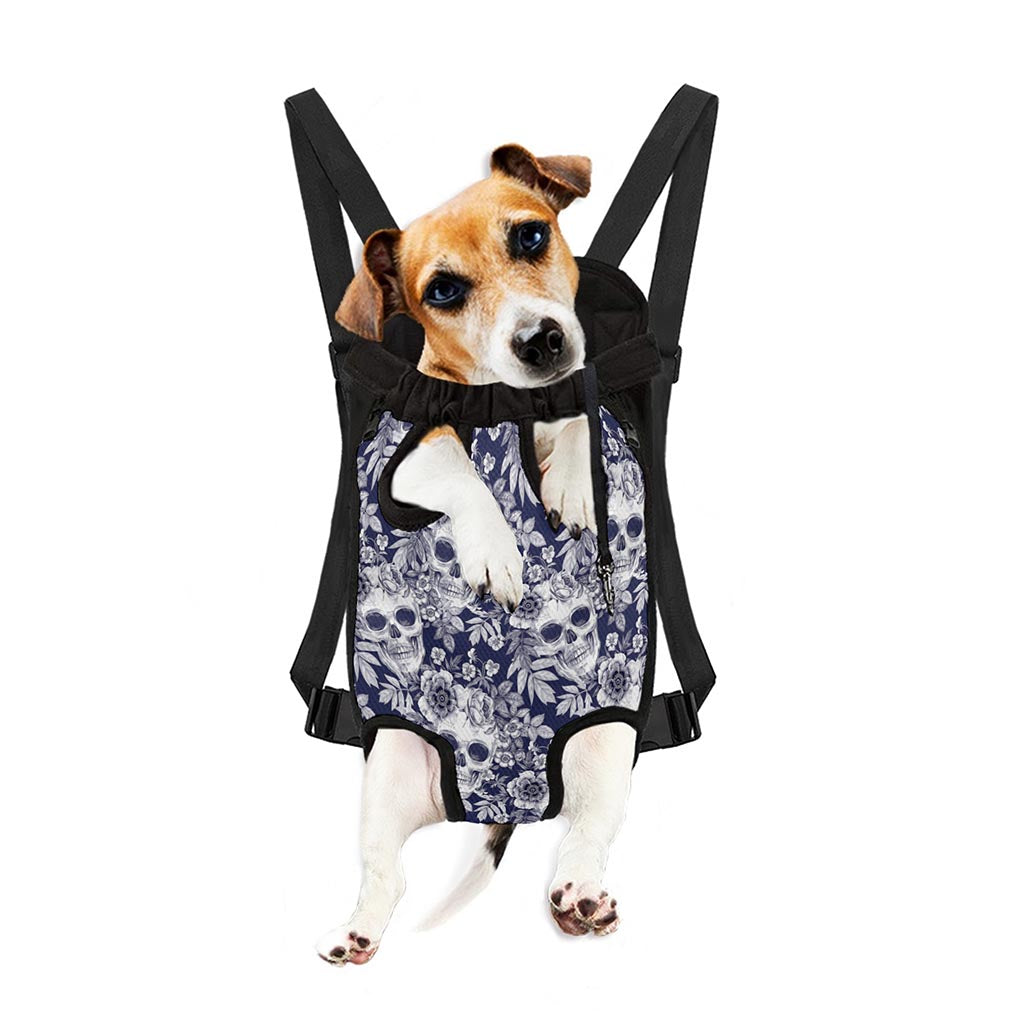 White Blue Skull Floral Pattern Print Pet Carrier Backpack