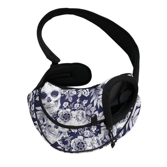 White Blue Skull Floral Pattern Print Pet Sling Carrier