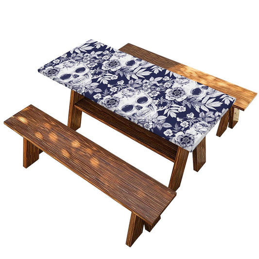 White Blue Skull Floral Pattern Print Picnic Table Cover