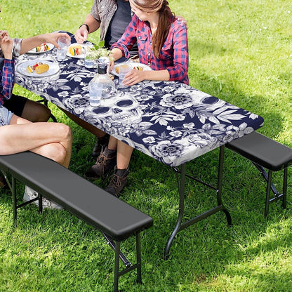 White Blue Skull Floral Pattern Print Picnic Table Cover