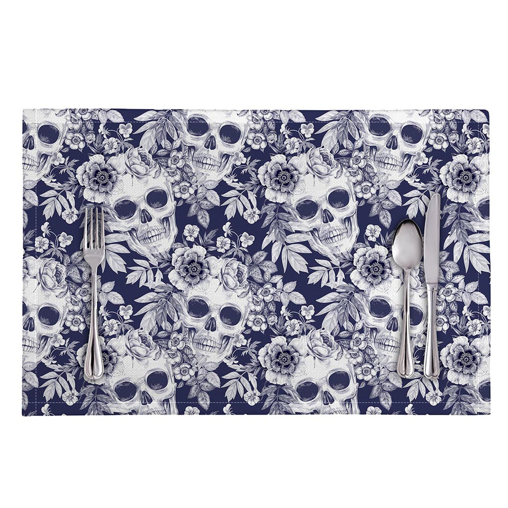 White Blue Skull Floral Pattern Print Placemat