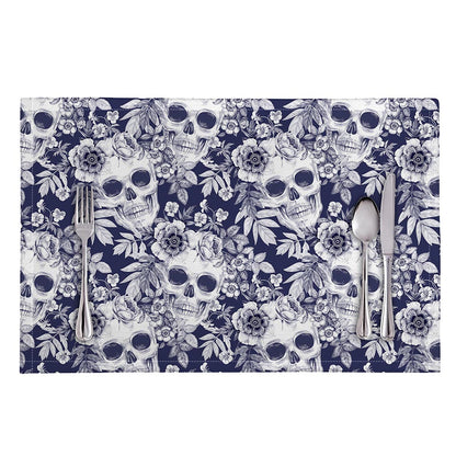 White Blue Skull Floral Pattern Print Placemat