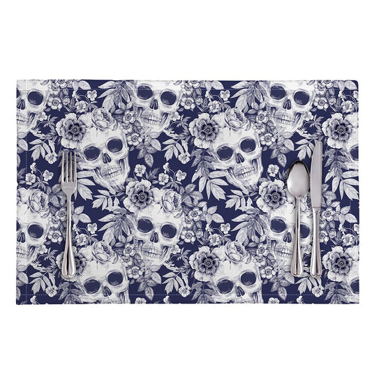 White Blue Skull Floral Pattern Print Placemat