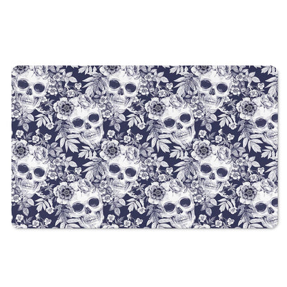 White Blue Skull Floral Pattern Print Polyester Doormat