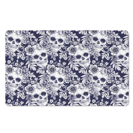 White Blue Skull Floral Pattern Print Polyester Doormat