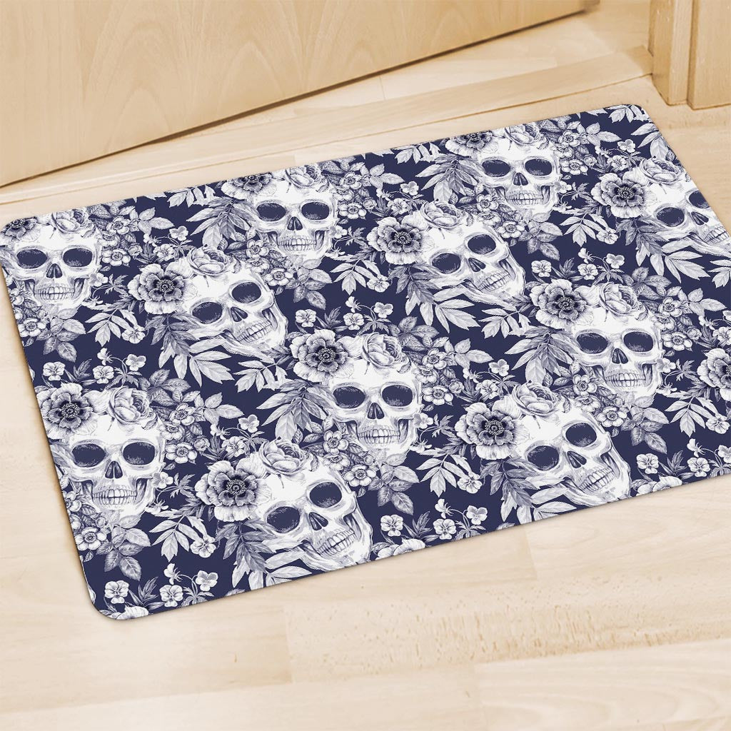 White Blue Skull Floral Pattern Print Polyester Doormat