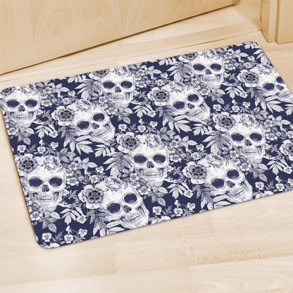 White Blue Skull Floral Pattern Print Polyester Doormat