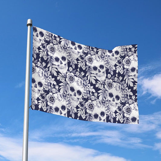 White Blue Skull Floral Pattern Print Polyester Flag