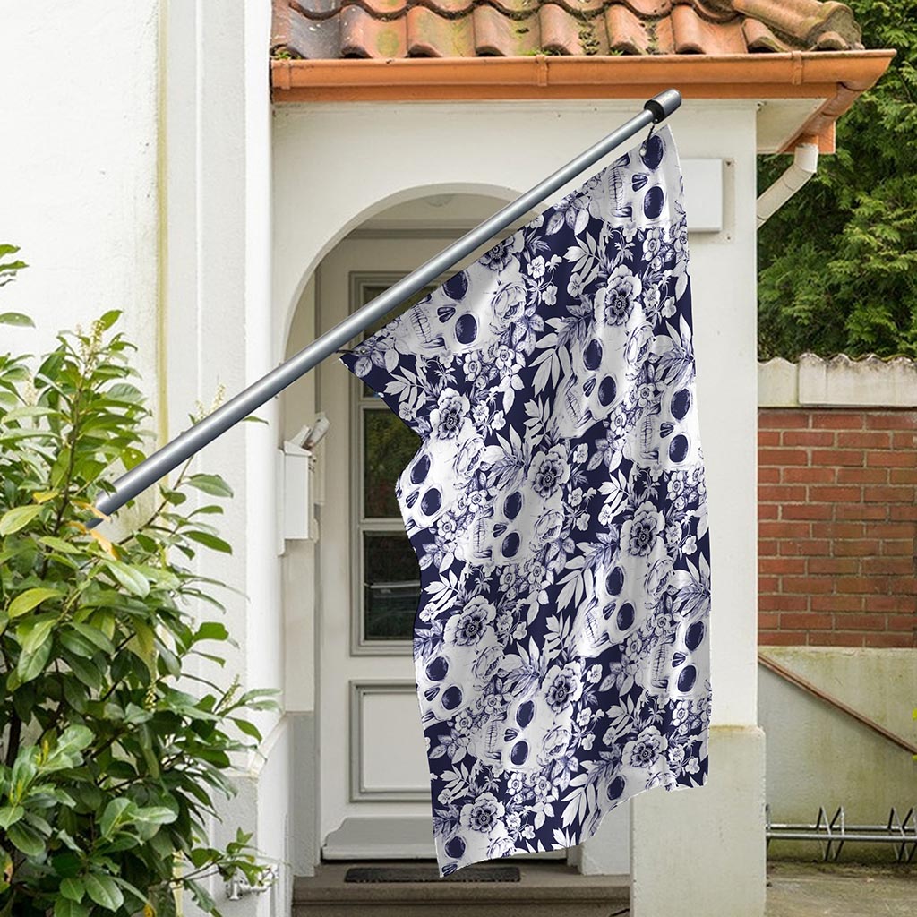 White Blue Skull Floral Pattern Print Polyester Flag