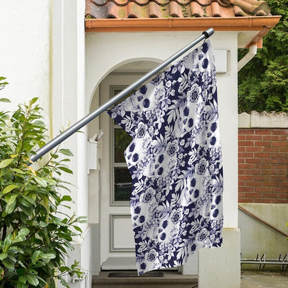 White Blue Skull Floral Pattern Print Polyester Flag