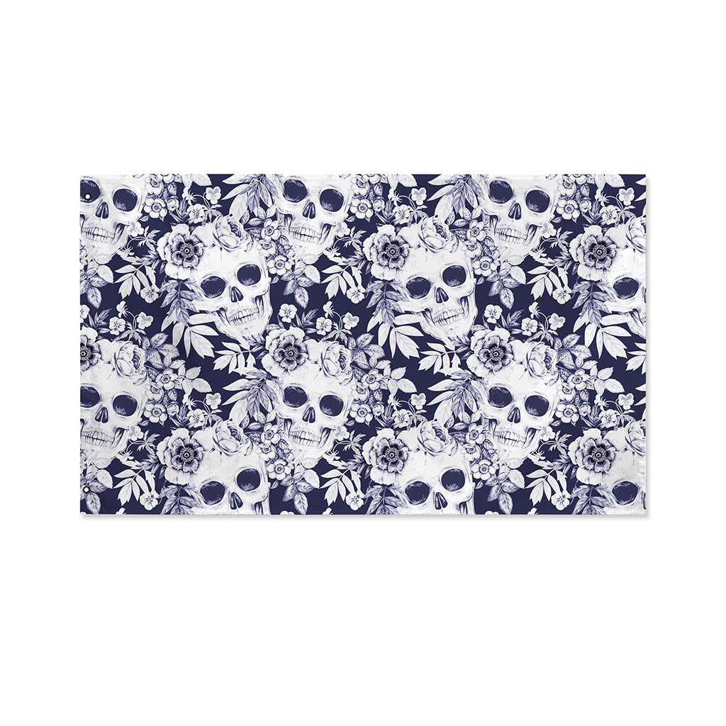 White Blue Skull Floral Pattern Print Polyester Flag