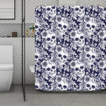 White Blue Skull Floral Pattern Print Polyester Shower Curtain