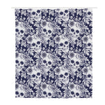 White Blue Skull Floral Pattern Print Polyester Shower Curtain