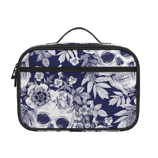 White Blue Skull Floral Pattern Print Portable Lunch Bag