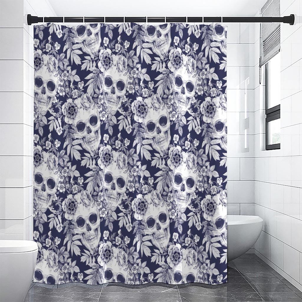 White Blue Skull Floral Pattern Print Premium Shower Curtain