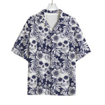 White Blue Skull Floral Pattern Print Rayon Hawaiian Shirt