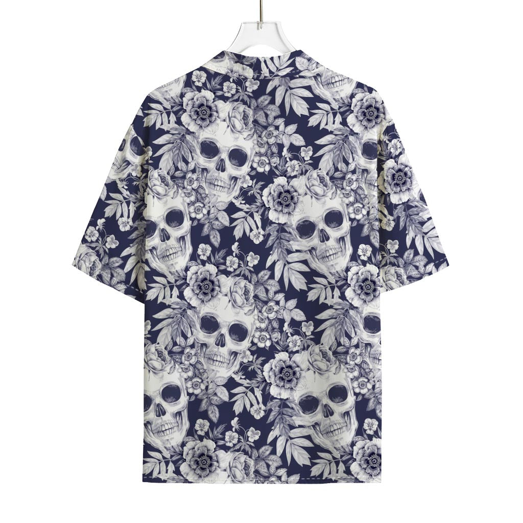 White Blue Skull Floral Pattern Print Rayon Hawaiian Shirt