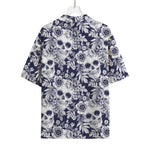 White Blue Skull Floral Pattern Print Rayon Hawaiian Shirt