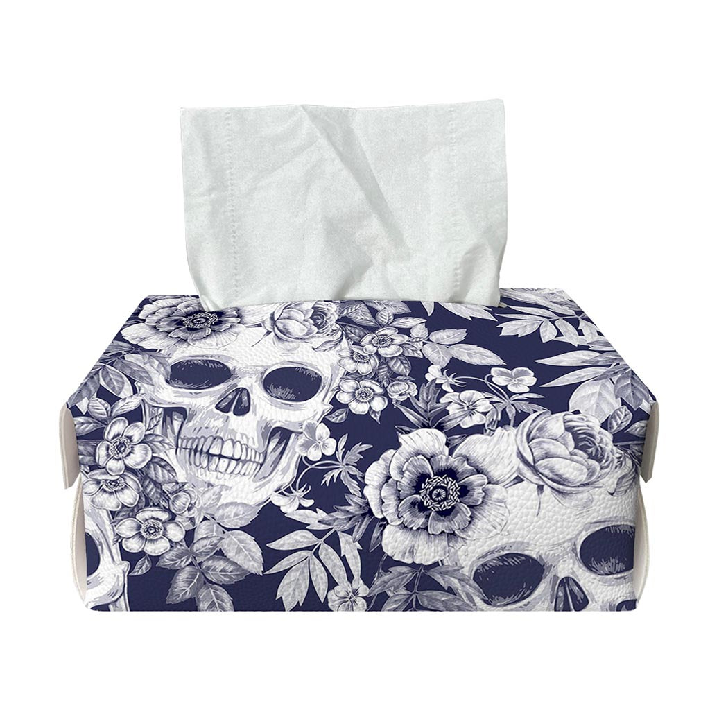 White Blue Skull Floral Pattern Print Rectangle Tissue Box Cover