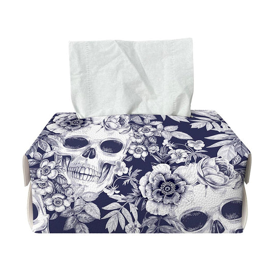 White Blue Skull Floral Pattern Print Rectangle Tissue Box Cover