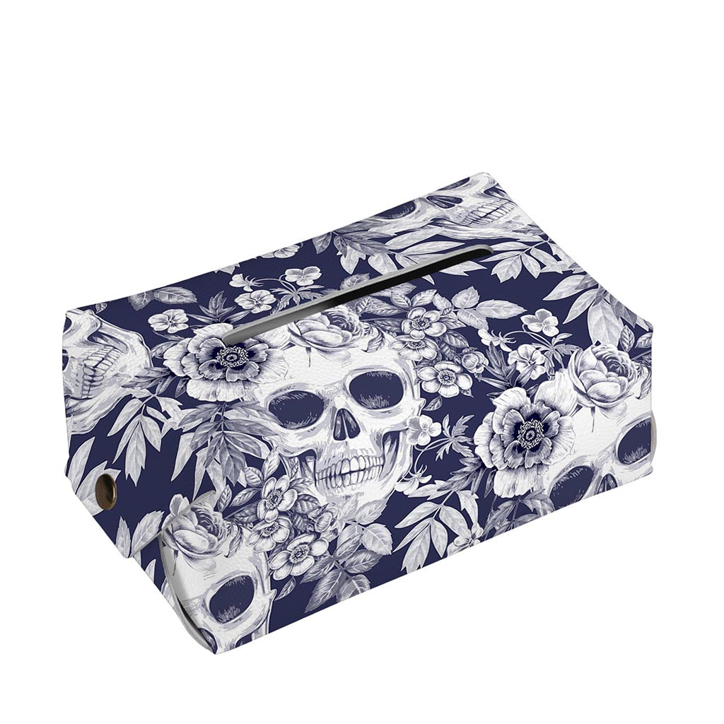 White Blue Skull Floral Pattern Print Rectangle Tissue Box Cover