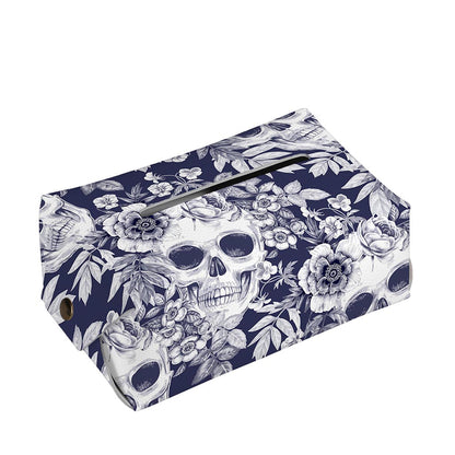 White Blue Skull Floral Pattern Print Rectangle Tissue Box Cover