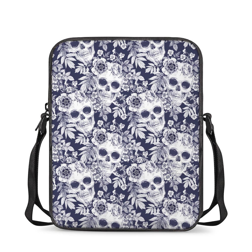 White Blue Skull Floral Pattern Print Rectangular Crossbody Bag